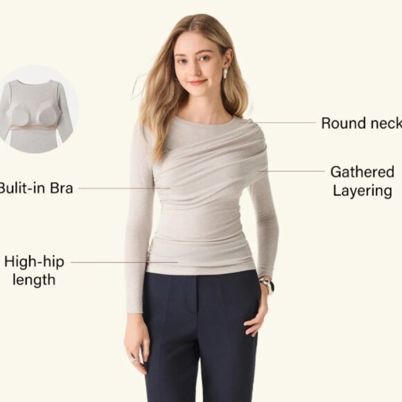 OGL Tencel-Wool Gathered Long Sleeve Brami Top in Heathery Fog Ivory XL - NEW - Picture 12 of 12